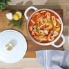 image:imageCrock Pot Artisan 5 Quart Enameled Cast Iron Round Dutch Oven RedMatte Linen White w Gold Knob