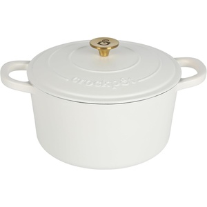 image:imageCrock Pot Artisan 5 Quart Enameled Cast Iron Round Dutch Oven RedMatte Linen White w Gold Knob